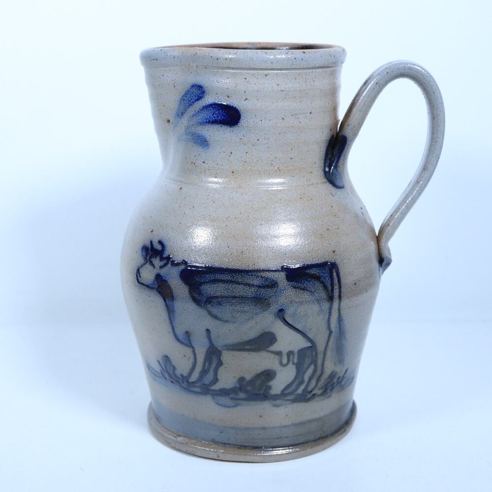 1991 Rowe Pottery Works Cambridge Wis Stoneware Pitcher Cobalt Cow 8.75" H